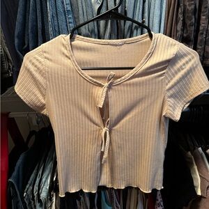Beige Ribbed Tie-Front Top